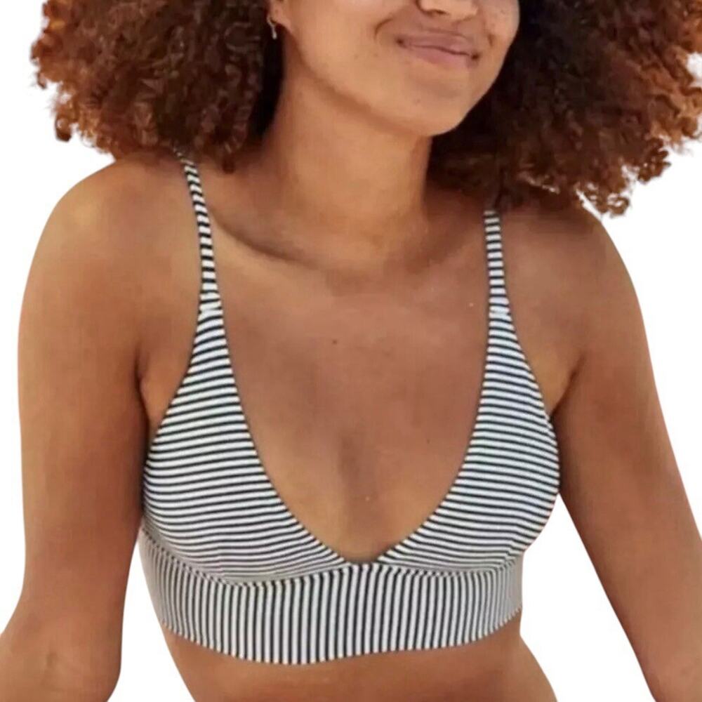 AERIE Longline Triangle Bikini Top Black & White Classic Striped Women's XXL